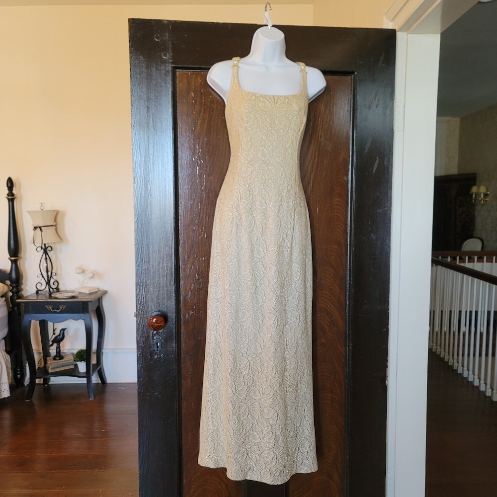 Bari Jay Champagne Gold Lace evening gown